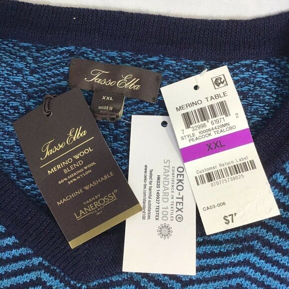 New Tasso Elba Pullover Sweater Merino Wool Blend Peacock Teal Blue Men's XXL - Picture 3 of 6